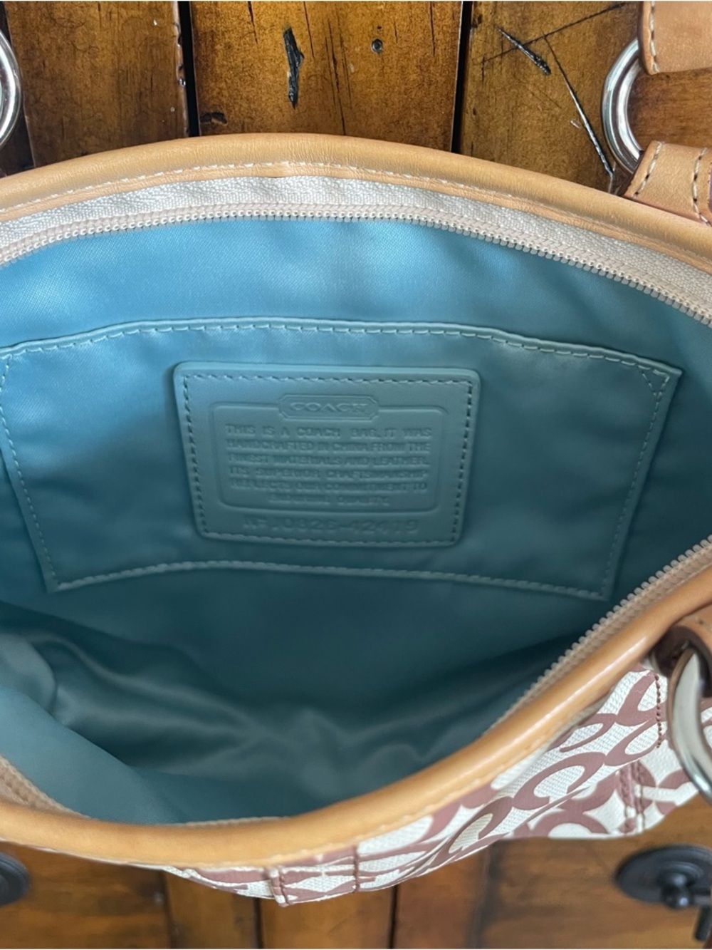Coach Cream and Tan Signature Logo Small Tote - Picture 6 of 9